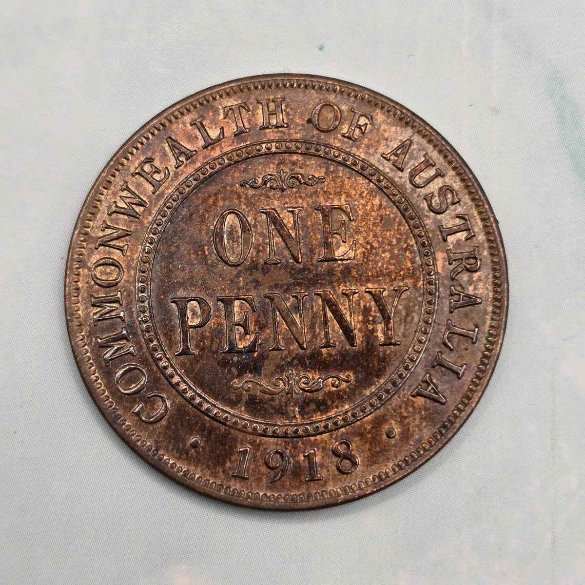 1918I Penny struck at the Calcutta Mint. Uncirculated condition, PVC damage and toning. Reverse