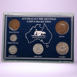 Australian 6 coin pre decimal coin collection in a display card with a map of Australia - reverse sides shown