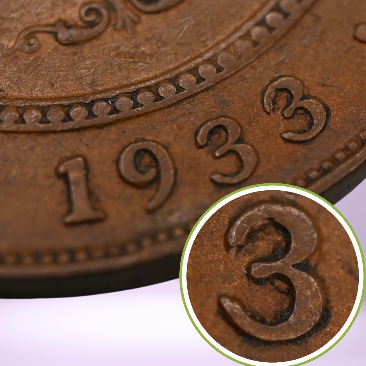 Close-up of a 1933/2 overdate Penny with '1933' text, showing a magnified detail of the number '3 struck over the number 2'.