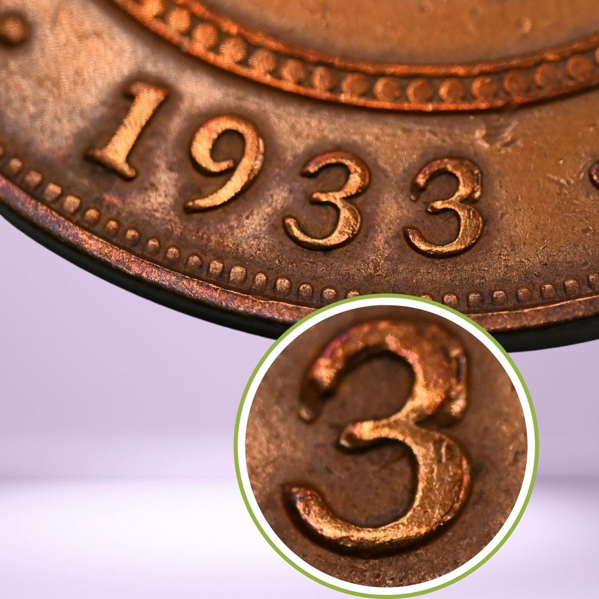 Close-up of a 1933/2 overdate copper penny with a magnified detail of the number '3 struck over the number 2'.