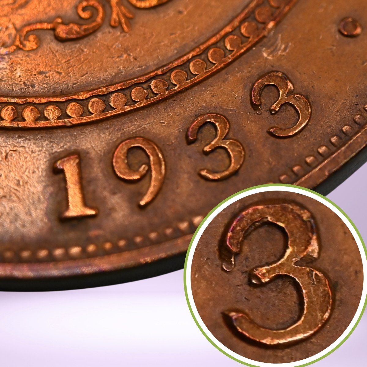 Close-up of a 1933/2 overdate Australian copper Penny coin with '1933' and an inset showing the number '3 struck over the number 2'.