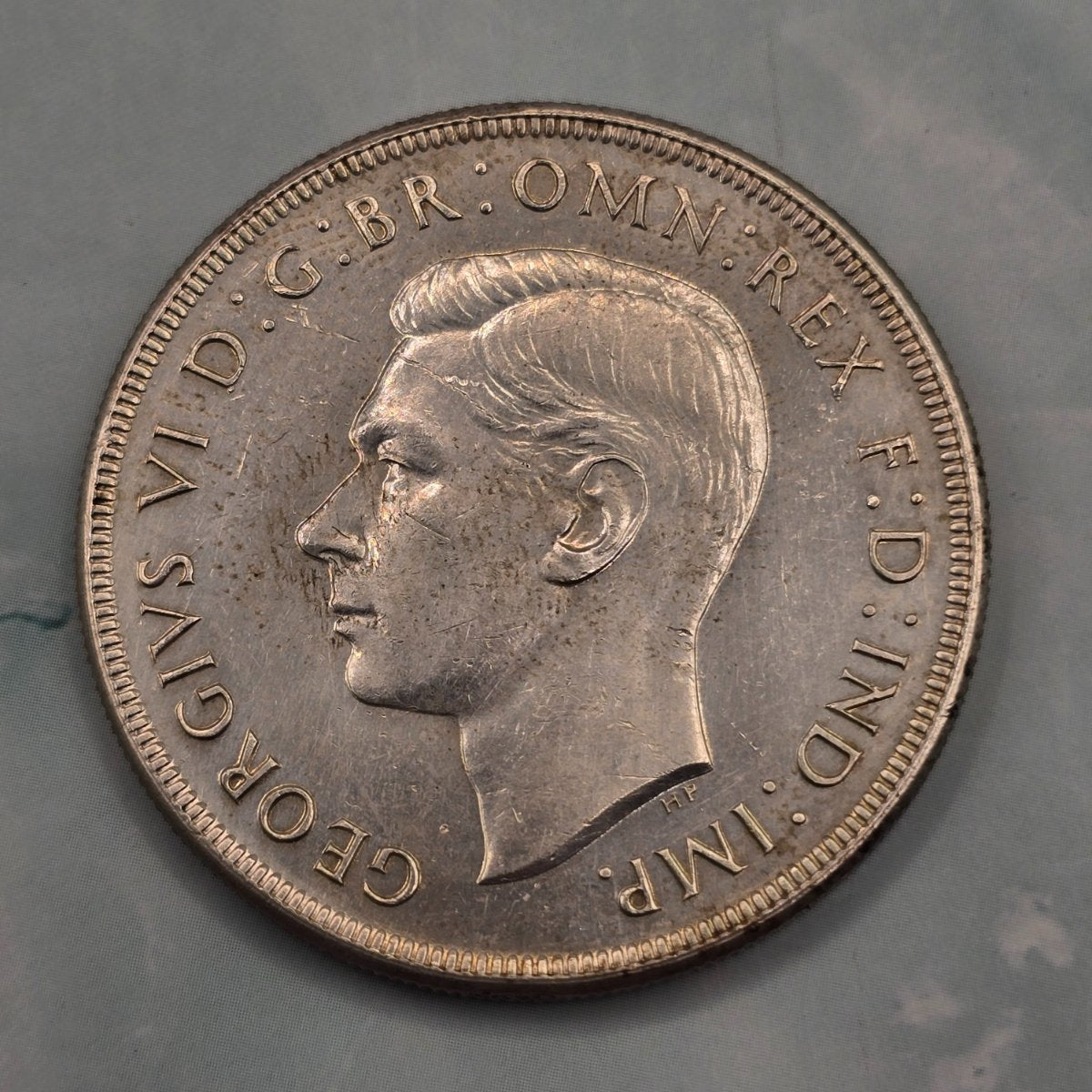 1937 Australian Silver Crown - B obverse - fingermark, light surface wear, gauge in forehead, cheek and nose
