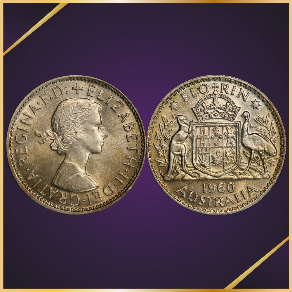 1960 Melbourne Mint Florin professionally graded by PCGS as Mint State 62. Obverse and Reverse shown