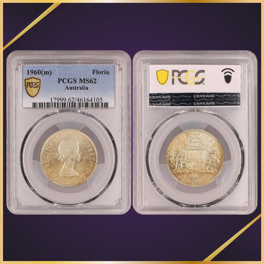 1960 Melbourne Mint Florin professionally graded by PCGS as Mint State 62. Obverse and Reverse shown in PCGS holder