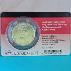 1966 silver fifty cents coin in Downies display card with text and nominal specifications - obverse side shown