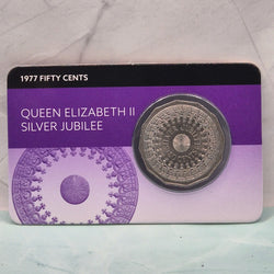 1977 50c Queen Elizabeth II Silver Jubilee Downies Collectables carded coin in uncirculated condition front