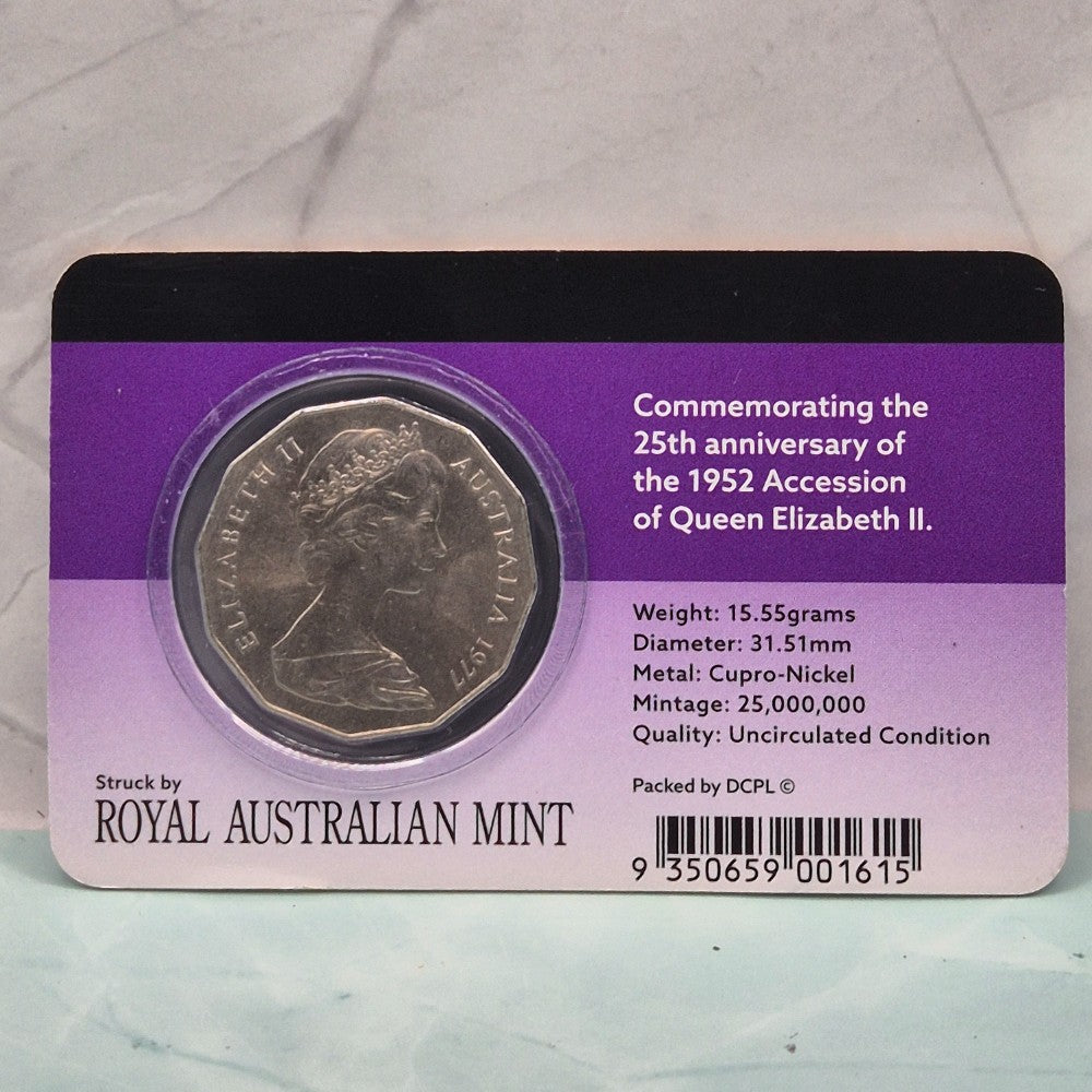 1977 50c Queen Elizabeth II Silver Jubilee Downies Collectables carded coin in uncirculated condition back