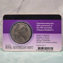 1977 50c Queen Elizabeth II Silver Jubilee Downies Collectables carded coin in uncirculated condition back