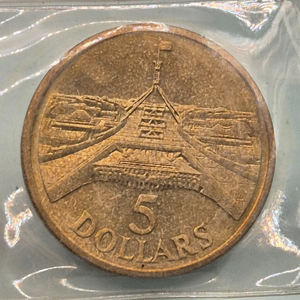 1988 $5 Parliament House AlBr UNC Commemorative Coin in Flip
