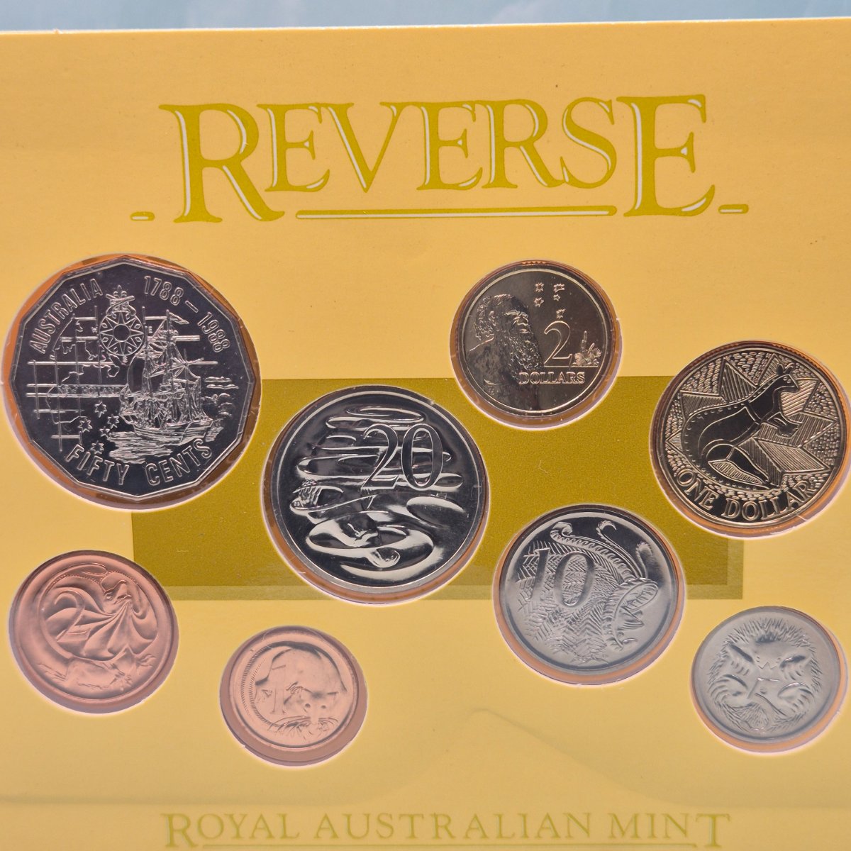 1988 Bicentennial Eight Coin Mint Set reverse of coins with commemorative 50c and $1
