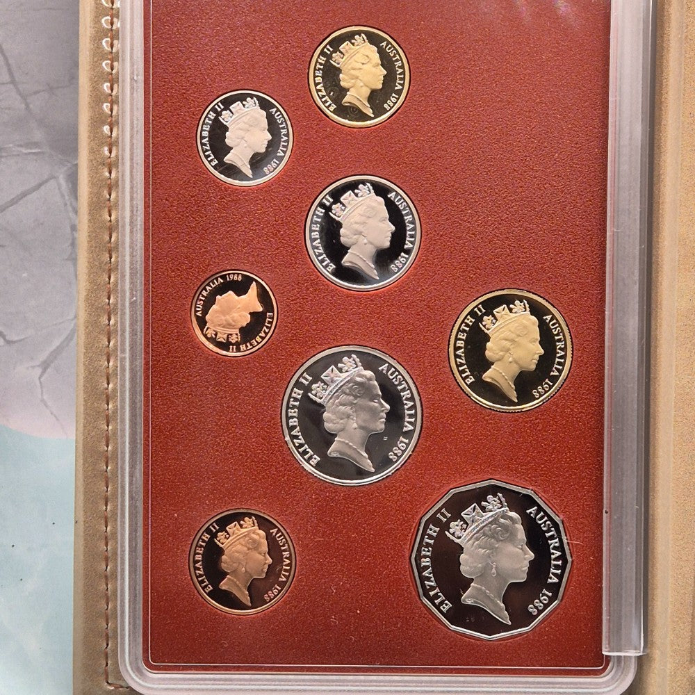 1988 Bicentennial Royal Australian Mint Eight Coin Proof Set with Commemorative Design $1 and 50c reverse - obverse coins