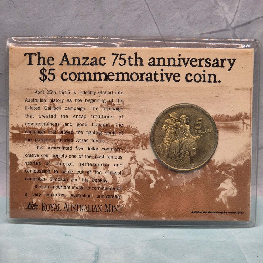 Anzac 75th anniversary $5 commemorative coin by the Royal Australian Mint. Front
