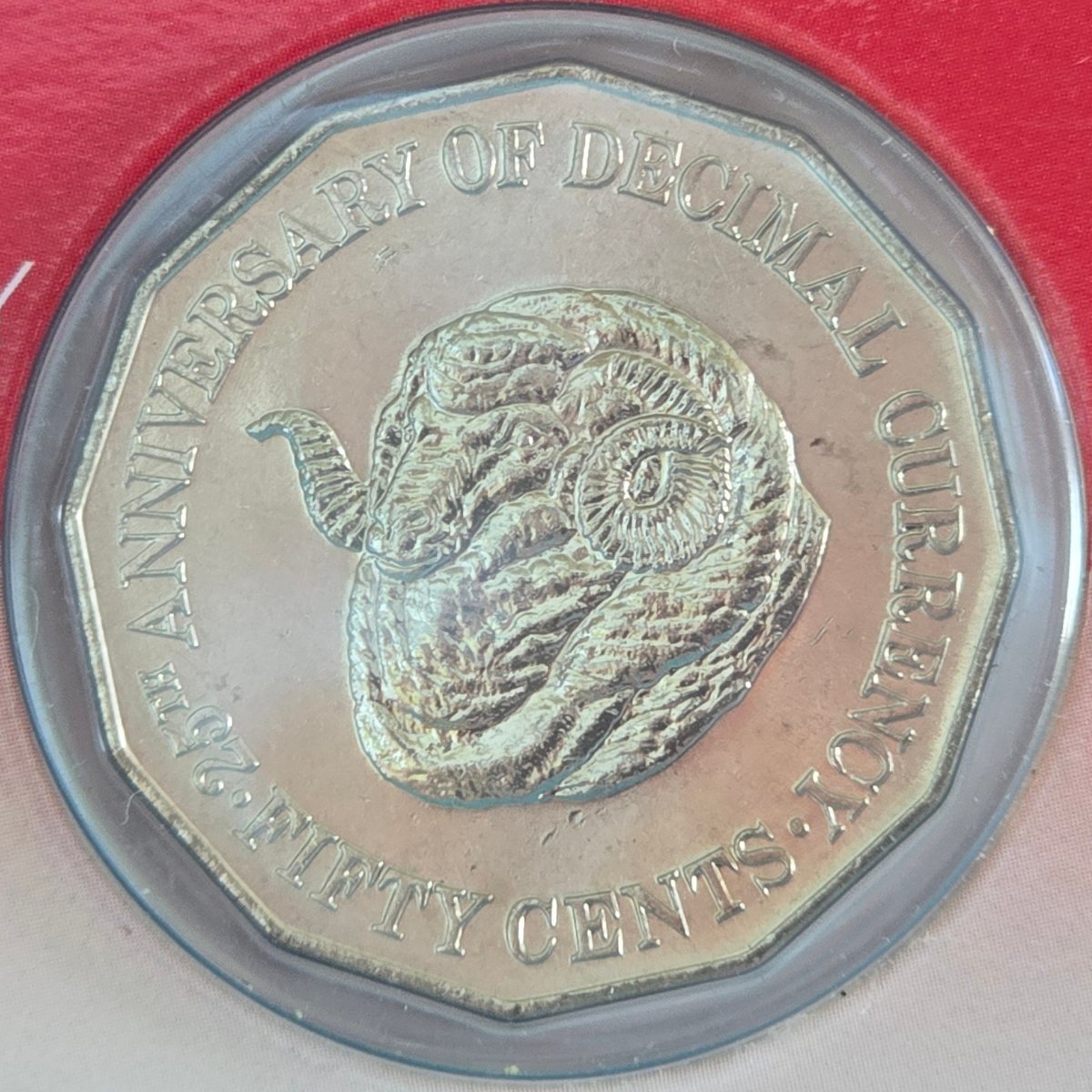 Close up 1991 Ram's Head fifty cents coin reverse in a Downies display card