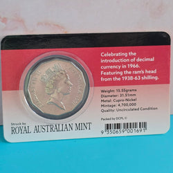 1991 Ram's Head fifty cents coin obverse in a Downies display card with text and nominal specifications