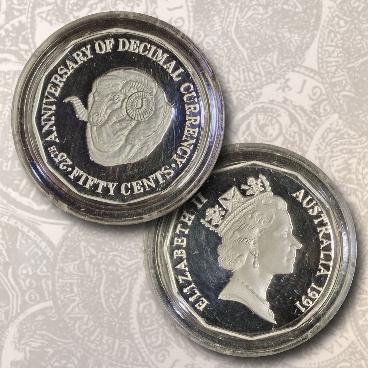 1991 Fifty Cent Ram's Head Silver Proof Coin in Original Capsule - Ex Masterpieces in Silver Set