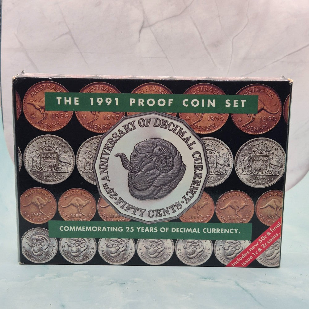 1991 Royal Australian Mint Eight Proof Coin Set commemorating 25 Years of Decimal Currency with Ram's Head 50cent design front outer box