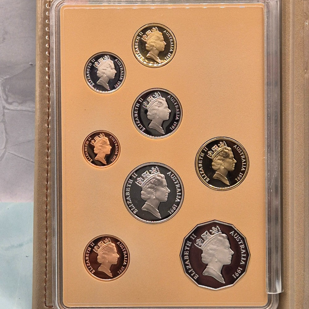 1991 Royal Australian Mint Eight Proof Coin Set commemorating 25 Years of Decimal Currency with Ram's Head 50cent design obverse coins