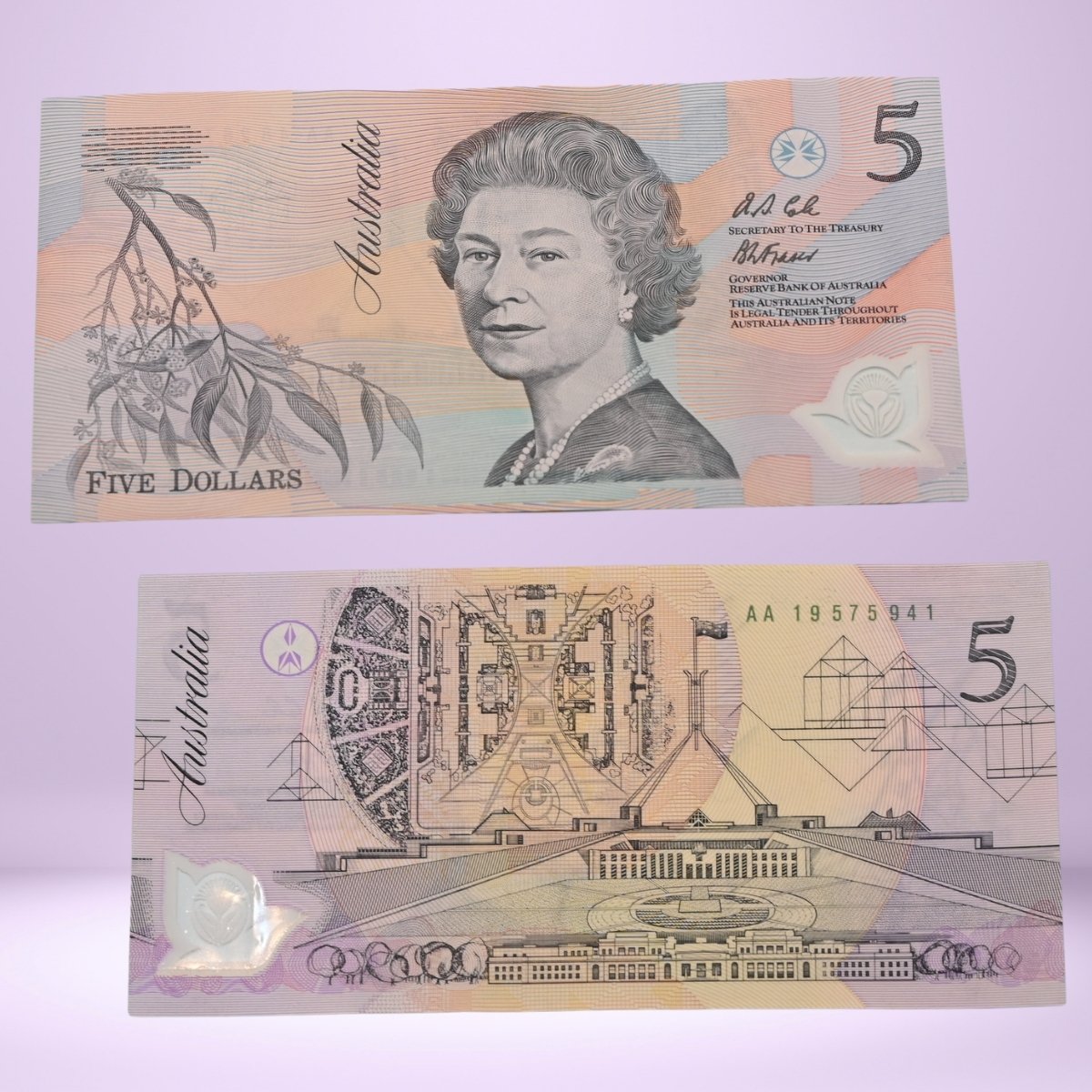 Both sides of a 1992 $5 Pale Lady polymer banknote with pale green serial, Fraser/Cole signature, AA prefix