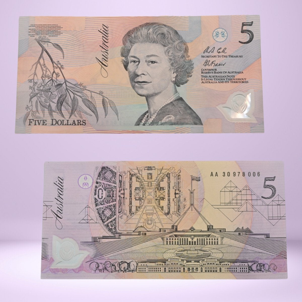 Both sides of 1992 $5 Pale Lady Banknote with Fraser/Cole signatures, dark serial and AA prefix