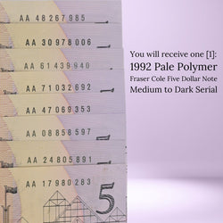 Various 1992 Pale Polymer Fraser Cole Five Dollar Note with various medium to dark serial numbers, all with AA prefix.