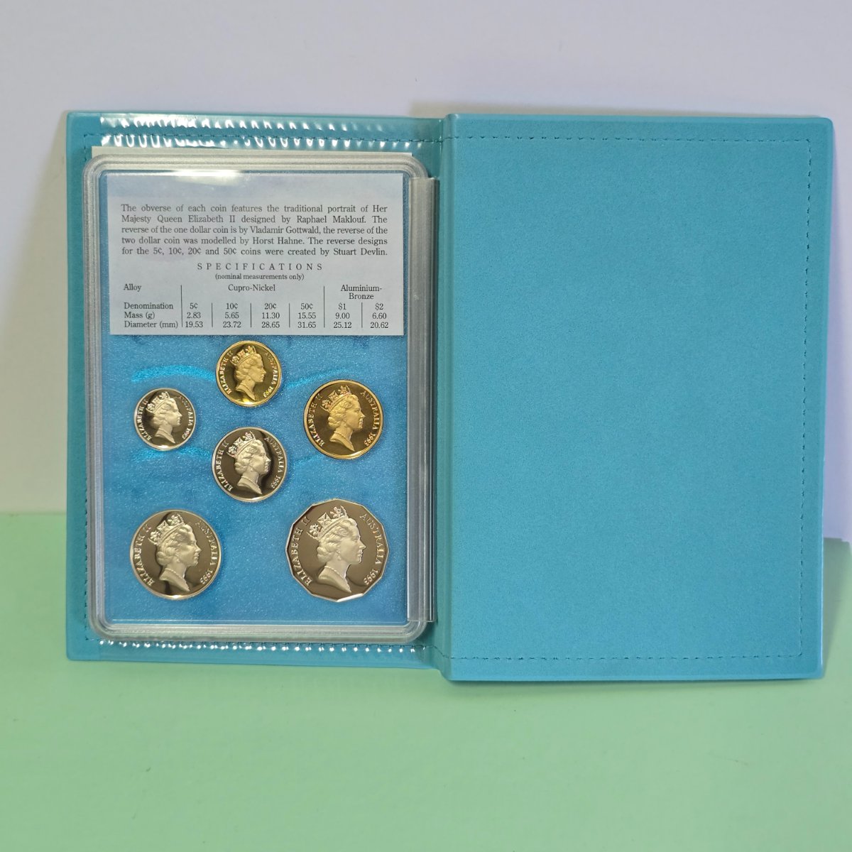 1993 Six Coin Proof Set by the Royal Australian Mint inner set with obverse of coins shown