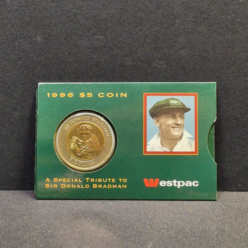 1996 $5 Sir Donald Bradman Bimetallic Sleeved Carded Coin