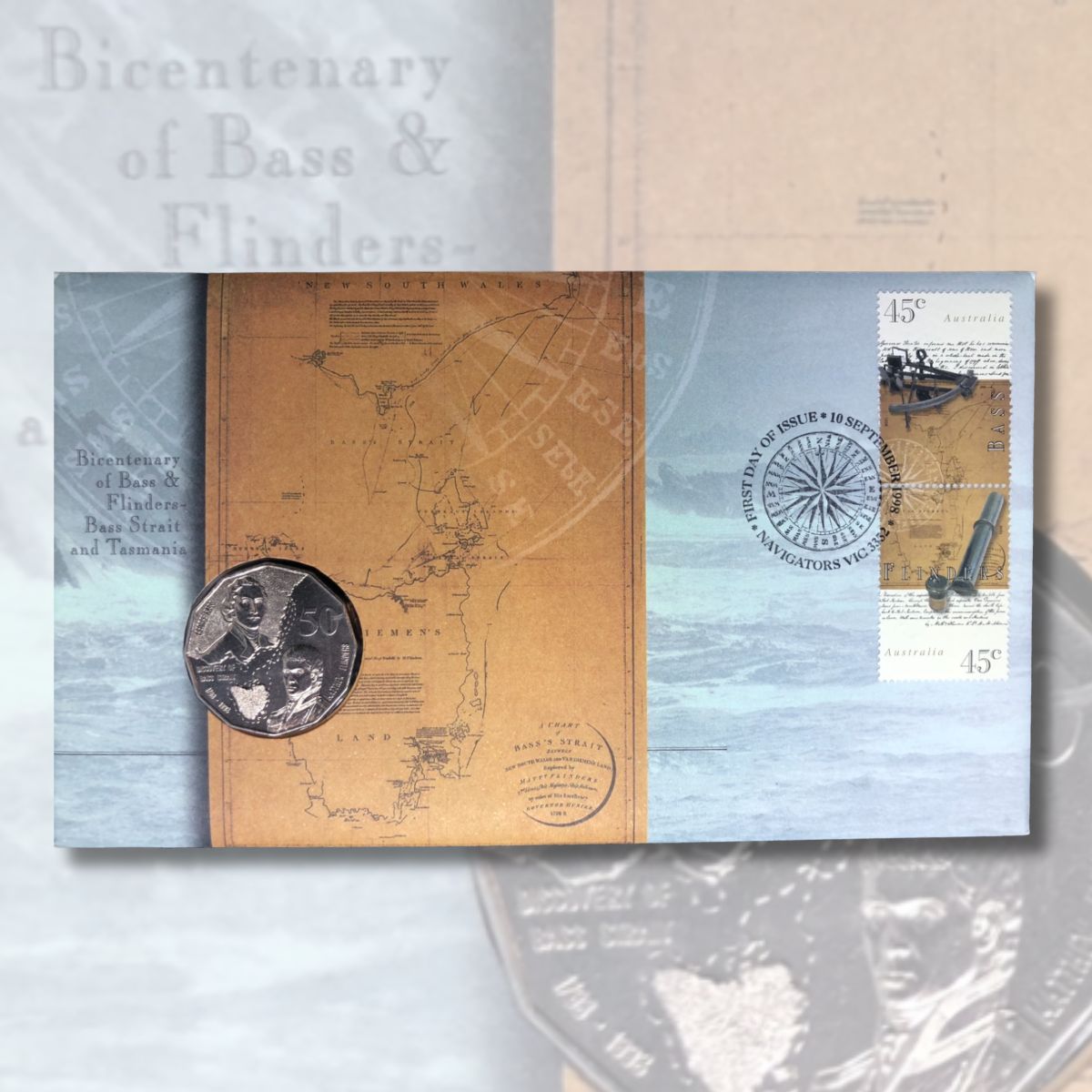 1998 50c Bicentenary of Bass & Flinders - Bass Strait & Tasmania PNC