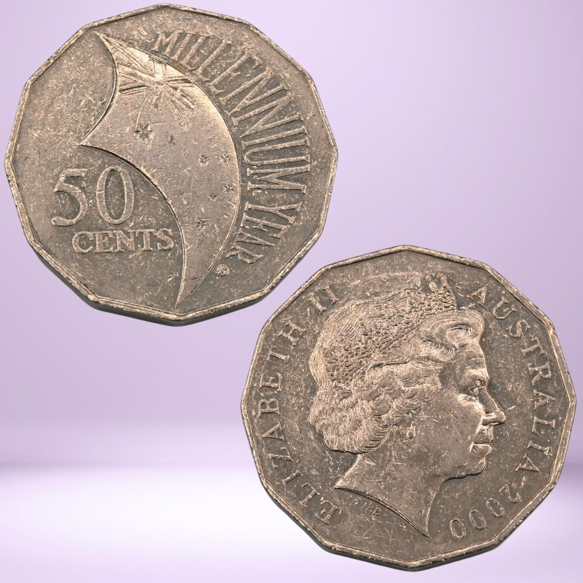 Obverse and reverse sides of 2000 Australian 50 Cent Incused Union Jack variation on the Millennium Coin
