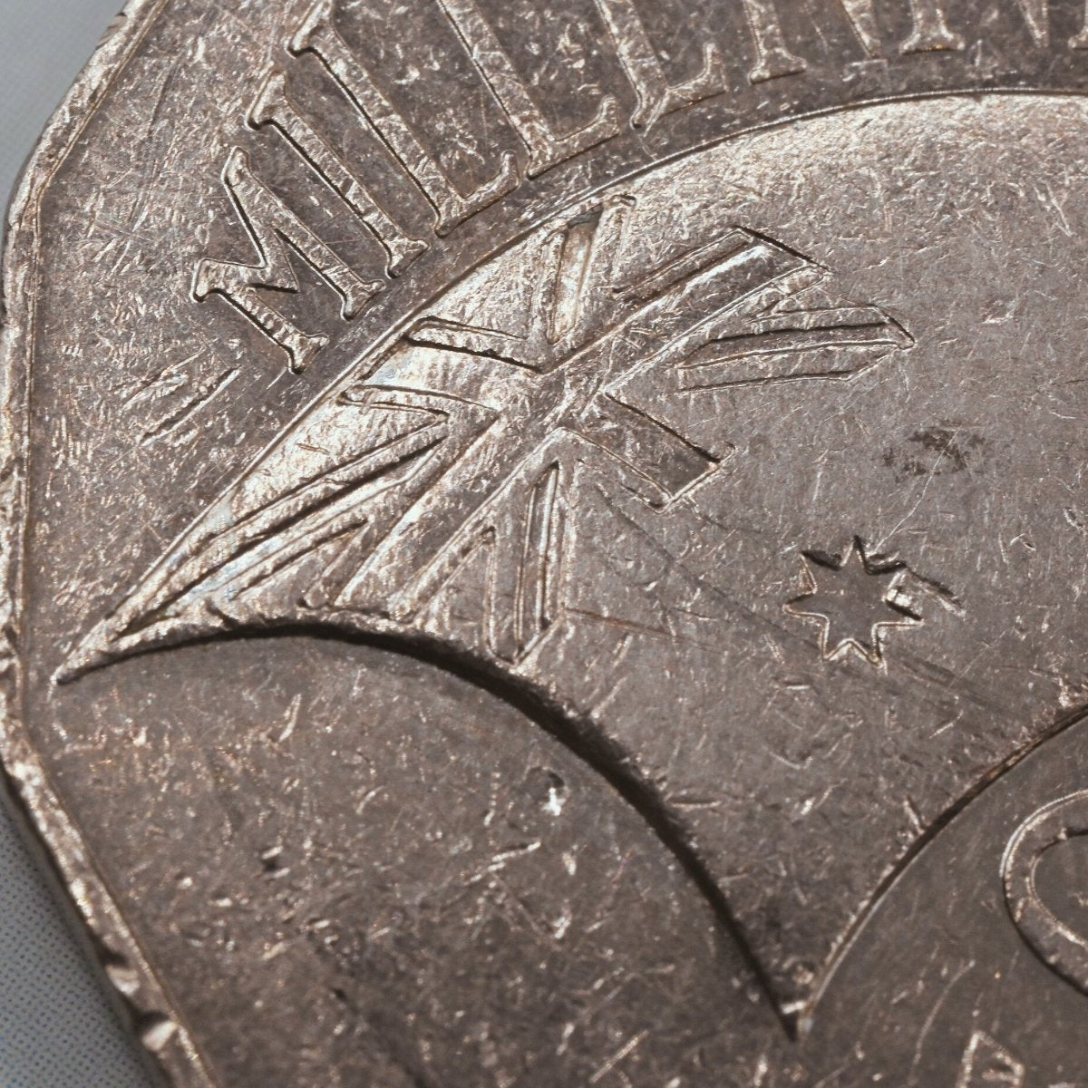 Close up of Union Jack on 2000 Australian 50 Cent Incused Millennium Coin