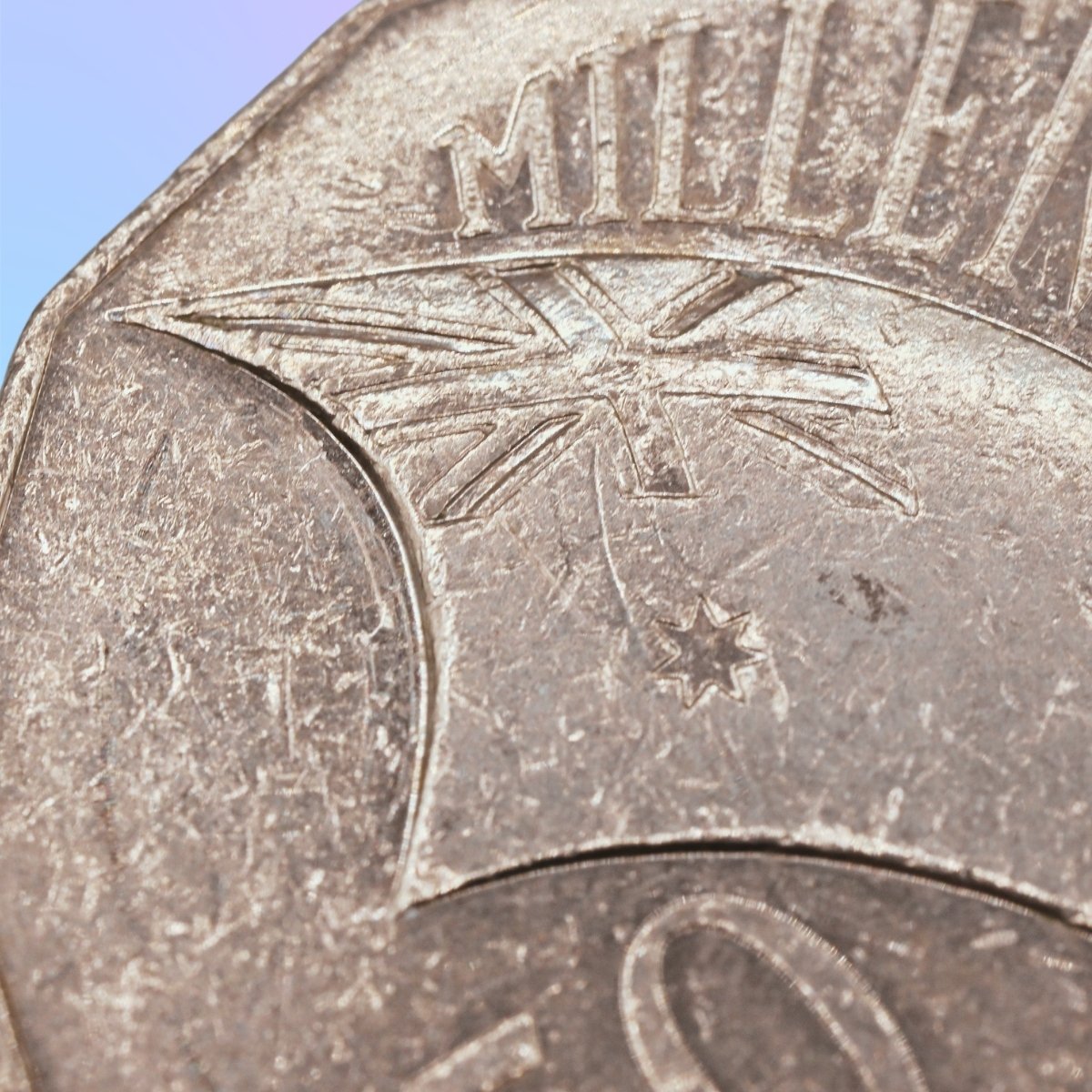 Close up of Union Jack on 2000 Australian 50 Cent Incused Millennium Coin