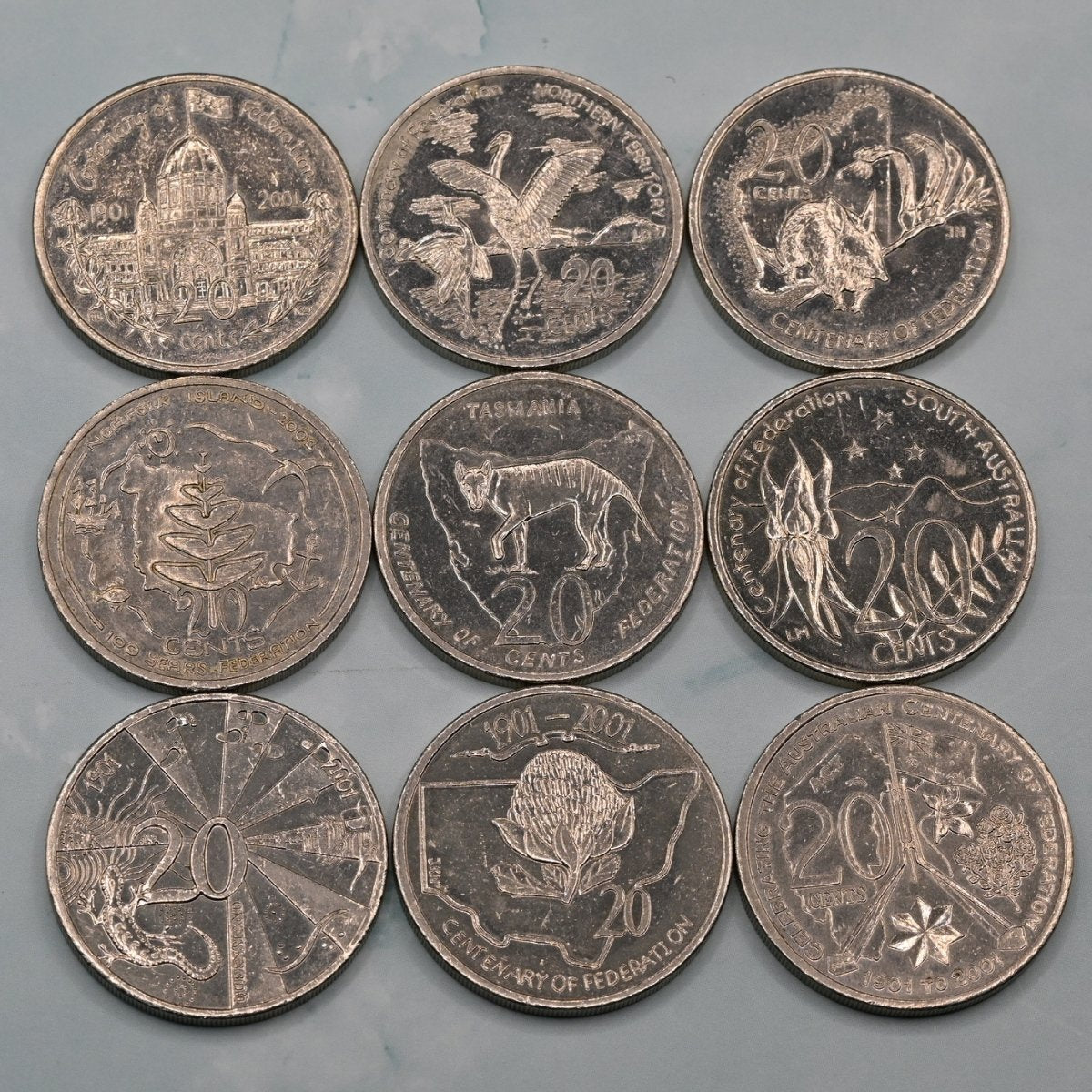 Complete set of 9 2001 20c Centenary of Federation coins - circulated - reverse