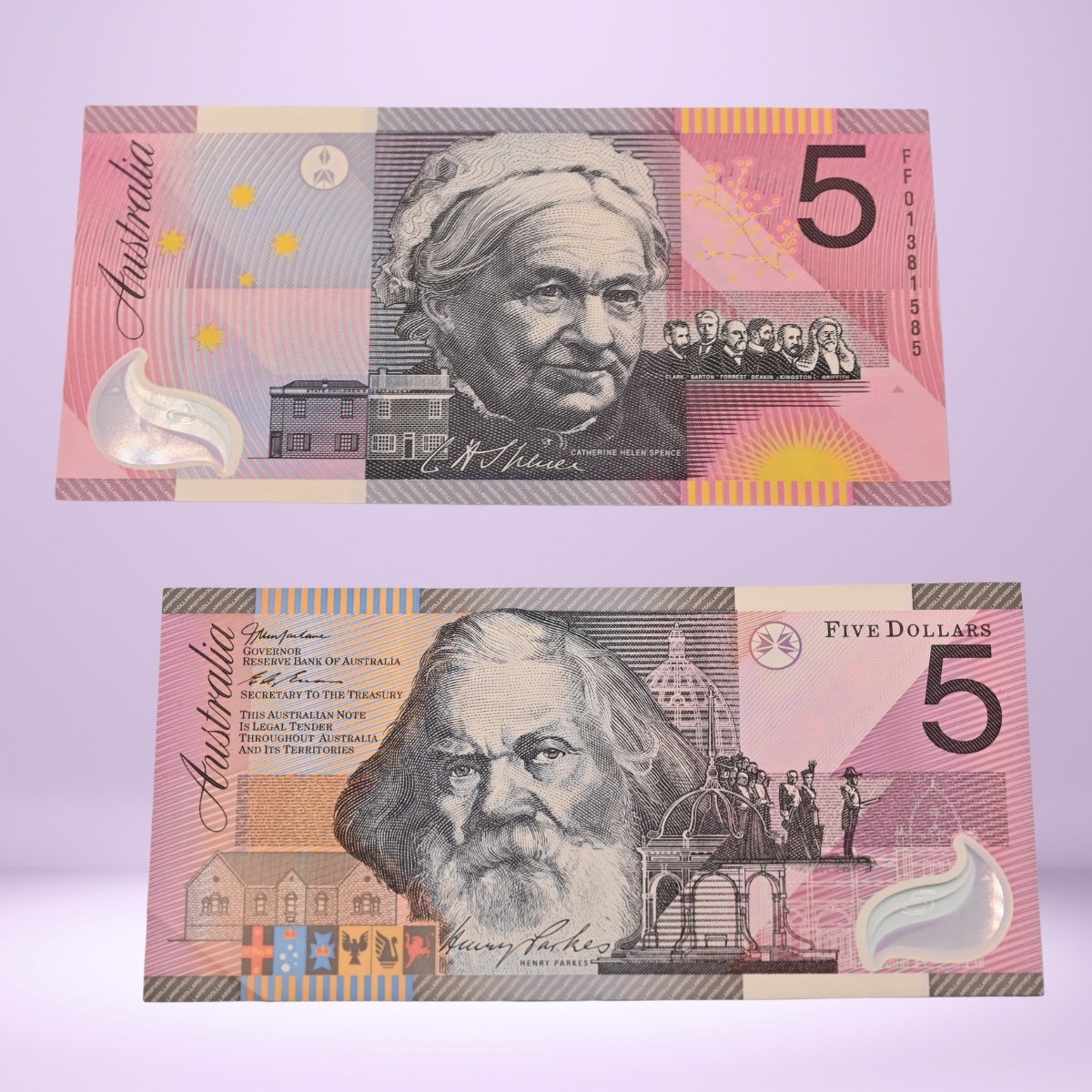 Front and Back of 2001 Australian Federation design Five Dollar banknote - Macfarlane/Evans