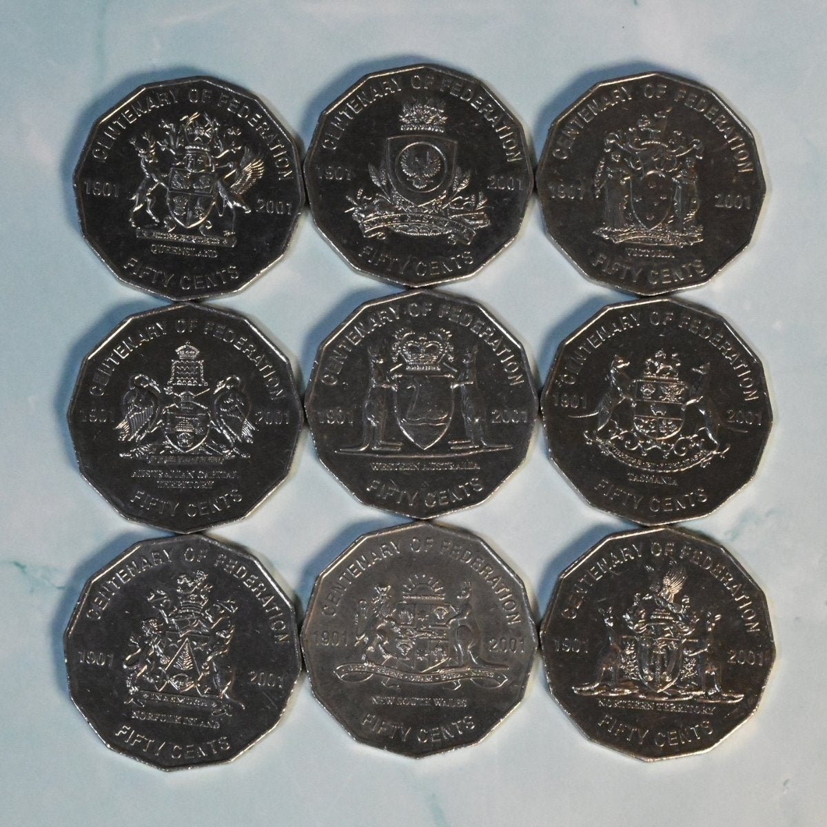 Set of 9 2001 Centenary of Federation 50c Coins - circulated - reverse