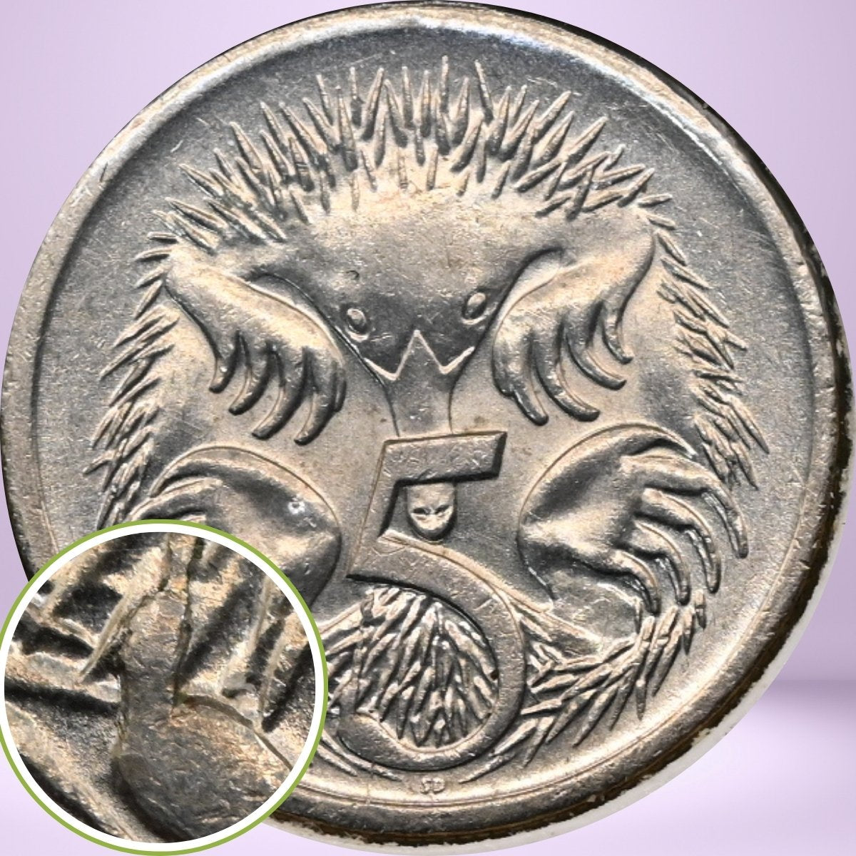 2001 5c Reverse side and close up of Flamingo CUD error coin