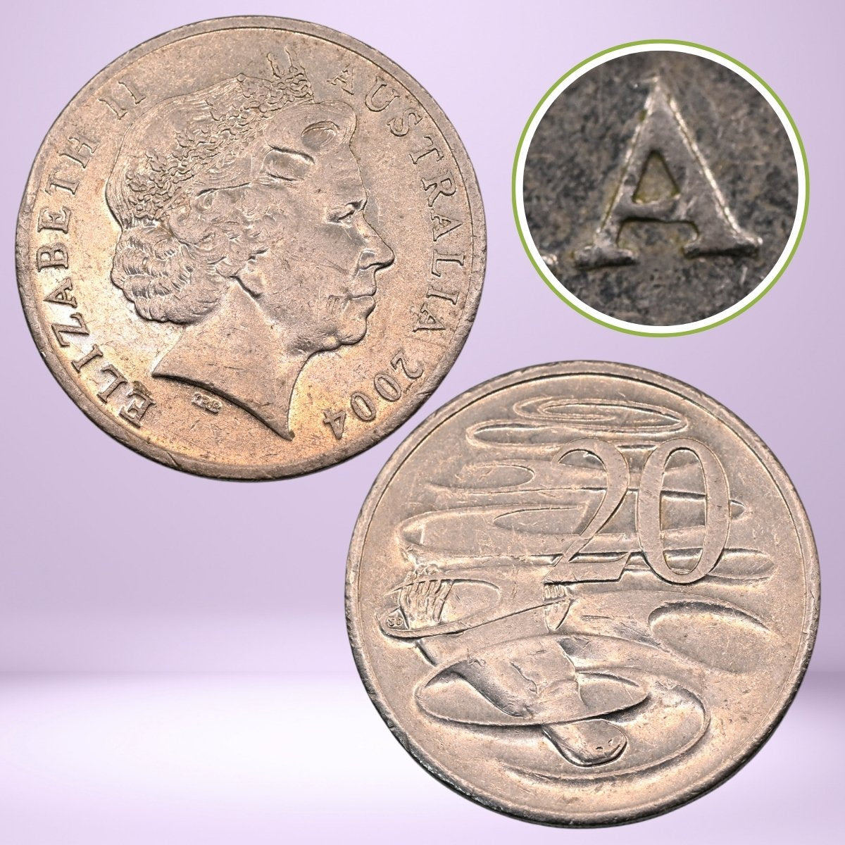 2004 20c Australian twenty-cent coin with Queen Elizabeth II Large Head effigy on obverse, platypus on reverse and close-up of Pointy 'A'.