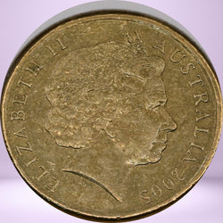2005 $1 Dancing Hat Man CUD Error - Coming Home Coin Series - obverse - text 'Elizabeth II Australia 2005' - Circulated Australian coin.