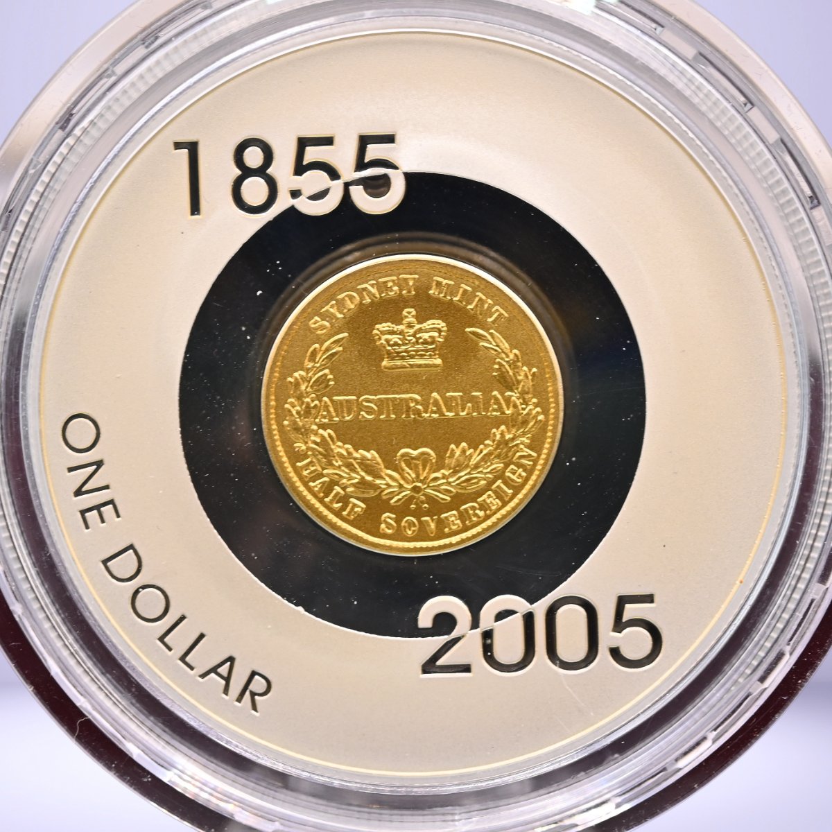 2005 $1 Silver Proof 60g Subscription coin - reverse - text '1855 2005 One Dollar' - Gold plated central design - text 'Sydney Mint Australia Half Sovereign'
