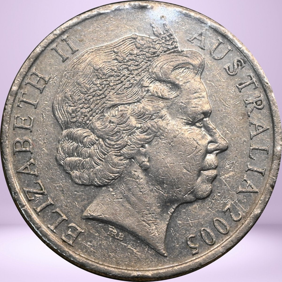 2005 20c Coin Error - Coming Home 'Slug' CUD - obverse - QEII - text 'Elizabeth II Australia 2005'