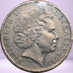 2005 20c Coin Error - Coming Home 'Slug' CUD - obverse - QEII - text 'Elizabeth II Australia 2005'