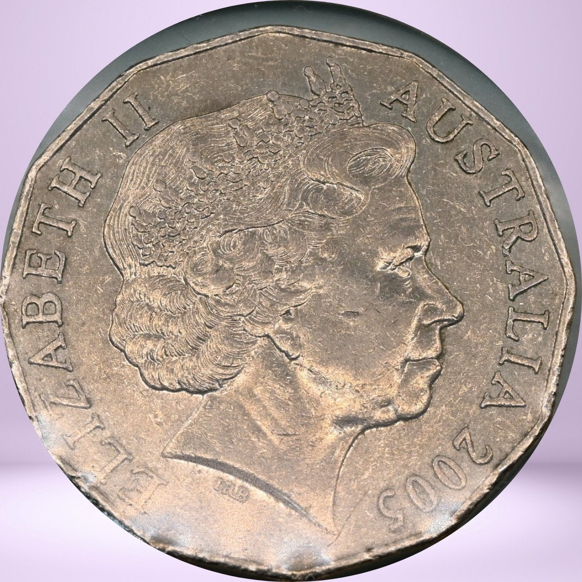 Obverse Queen Elizabeth Effigy 2005 Australian 50 Cent with text 'Elizabeth II Australia 2005'