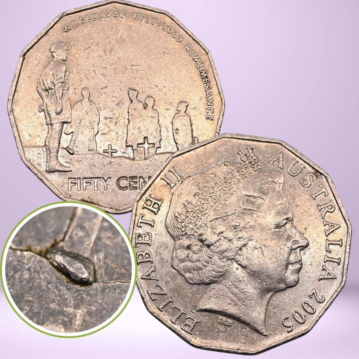 Reverse, obverse and close up of 2005 50c Coming Home 'World War II 1939-1945 Peace' coin Robe CUD error