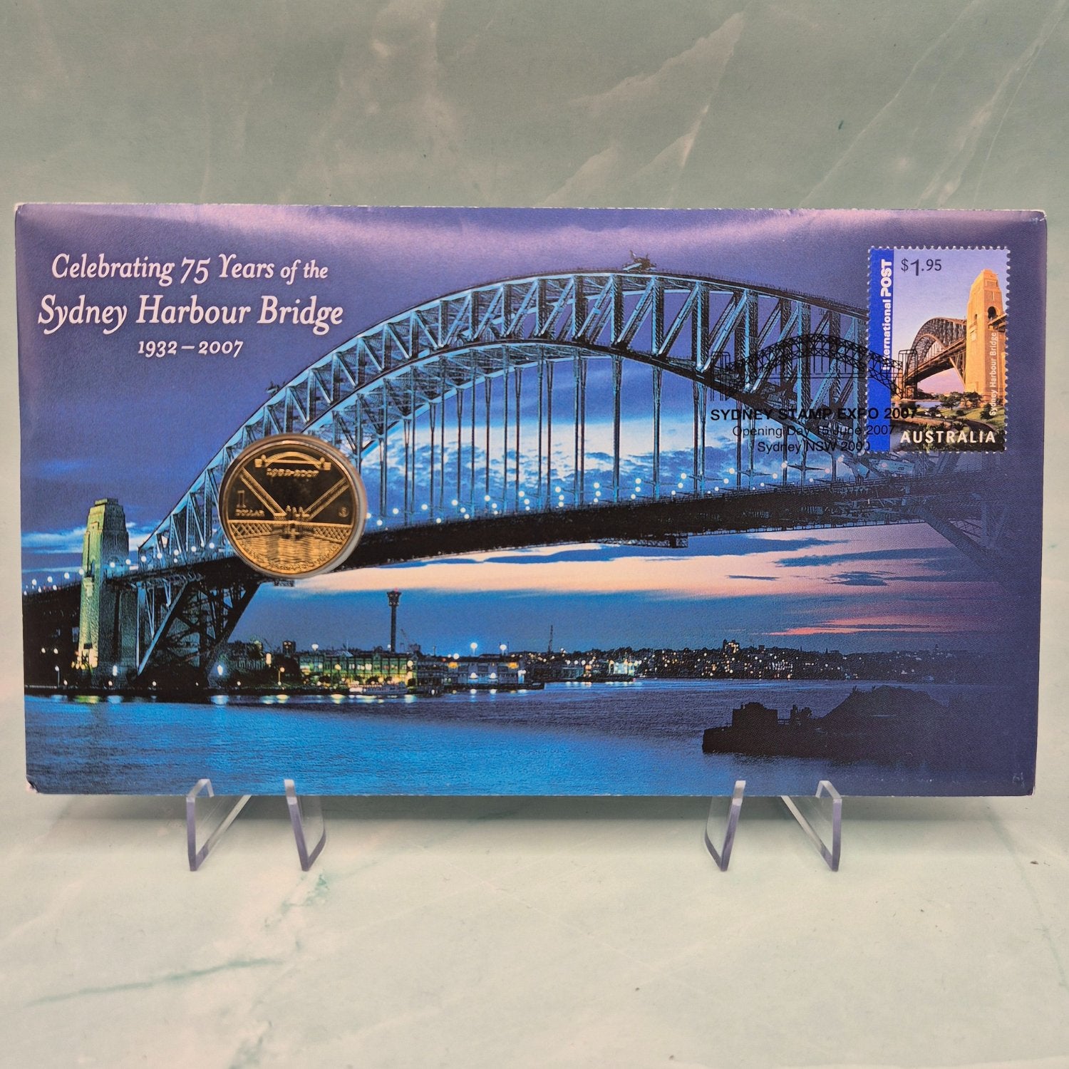 2007 $1 Sydney Harbour Bridge 75th Anniversary PNC - reverse of coin - envelope images of Sydney Harbour Bridge