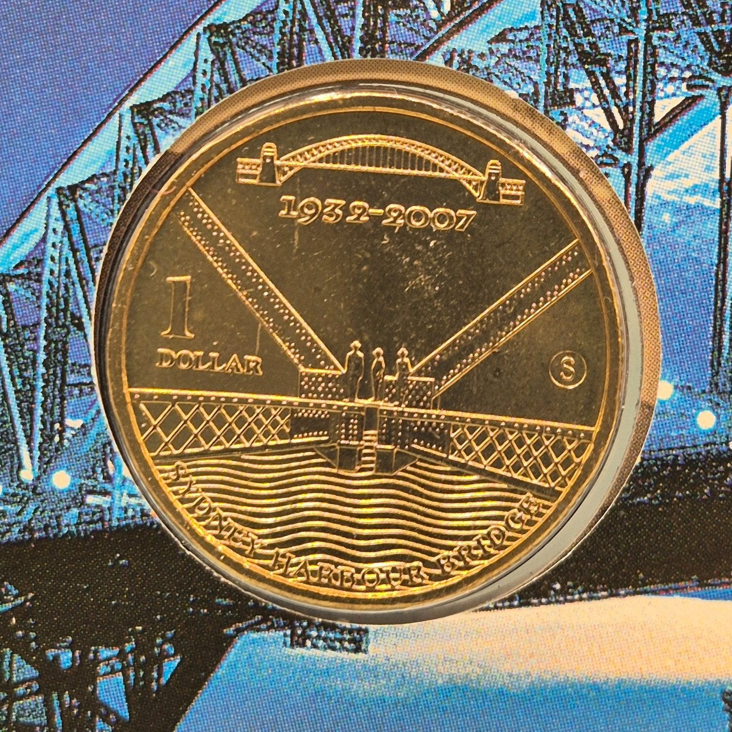 2007 $1 Sydney Harbour Bridge 75th Anniversary coin with S counterstamp - reverse of coin close up