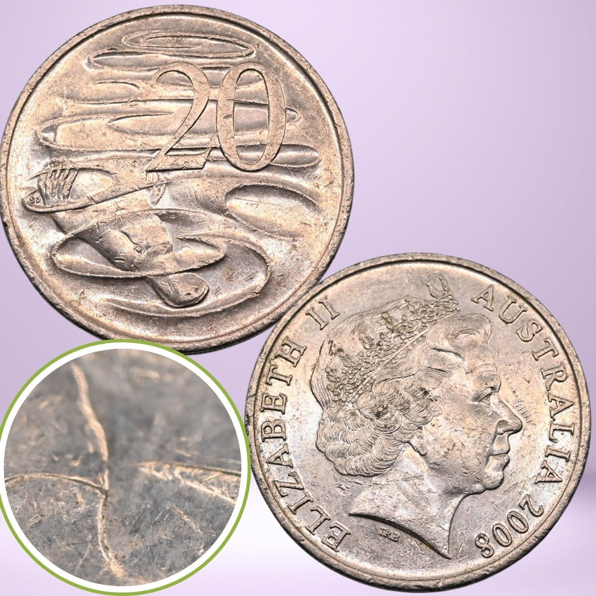 2008 Australian 20 Cent Wave Gap variety coin, obverse and reverse shown with close up of gap between wave and platypus on reverse.
