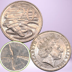 2008 Australian 20 Cent Wave Gap variety coin, obverse and reverse shown with close up of gap between wave and platypus on reverse.