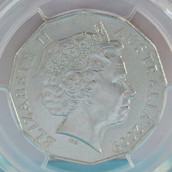 2009 50C Moon Landing coin obverse - QEII - text 'Elizabeth II Australia 2009' in a PCGS holder.