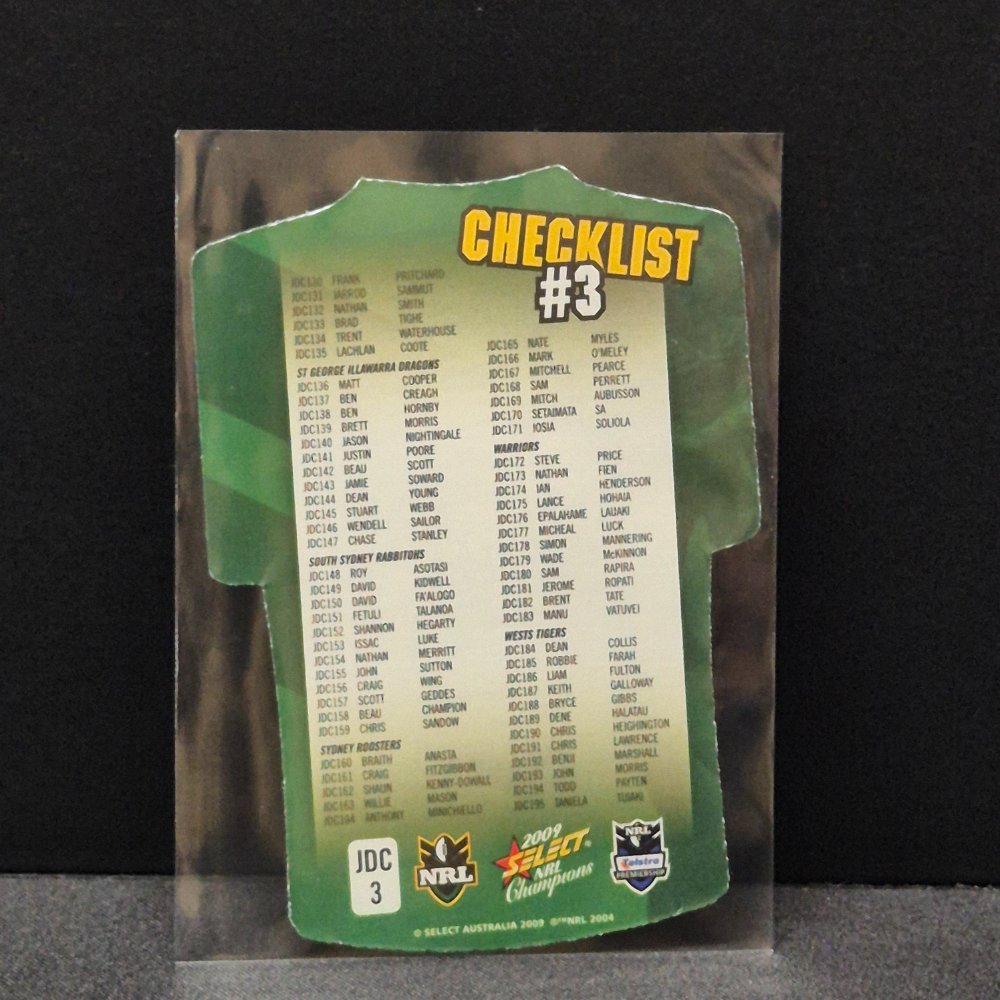 2009 NRL Select Champions - Jersey Diecut - JDC3- Checklist #3