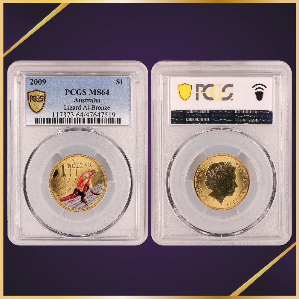 2009 $1 Frilled Lizard Aluminium Bronze PCGS graded MS64 coloured, uncirculated coin