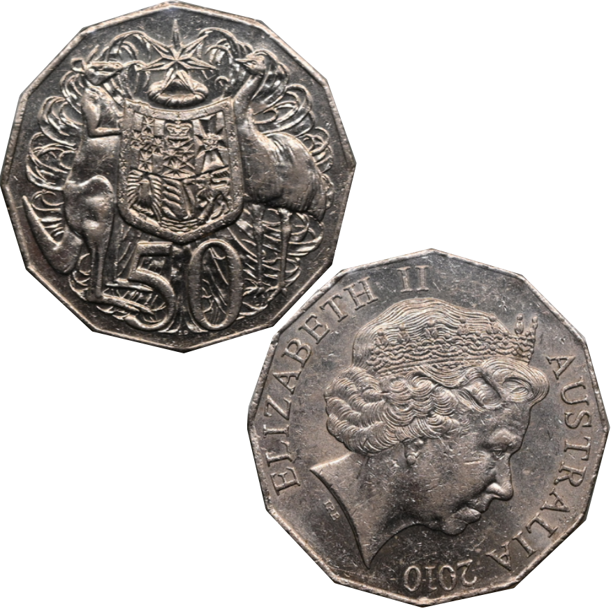 Two sides of a circulated 2010 50c coin with a coat of arms upright and effigy of Queen Elizabeth II rotated 30 degrees (upset die error)
