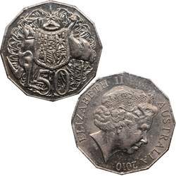 Two sides of a circulated 2010 50c coin with a coat of arms upright and effigy of Queen Elizabeth II rotated 30 degrees (upset die error)